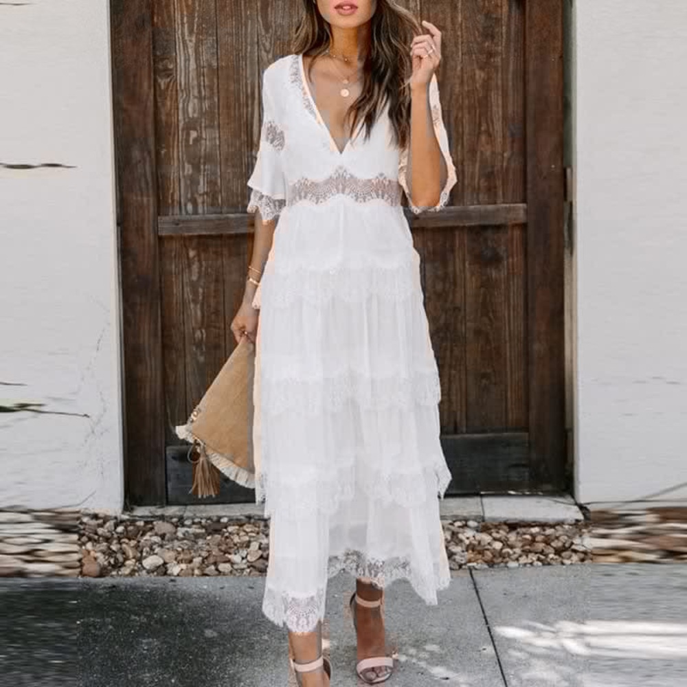 Elegant White Lace Maxi Dress bridesmaid wedding dress - Picture 3 of 5